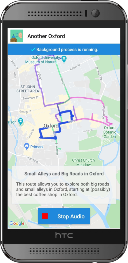 Screenshot of the app showing the view of the city of Oxford, with a planned route open