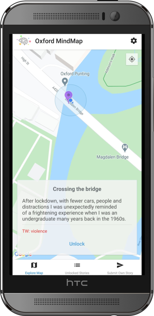 Screenshot of the app showing a story being unlocked as a user crosses Magdalen bridge